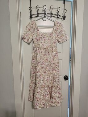 Just Me Ivory Floral Tiered Midi Dress